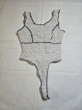 Y2K Women’s Ribbed Tank Thong Bodysuit in Cream with Black Trim